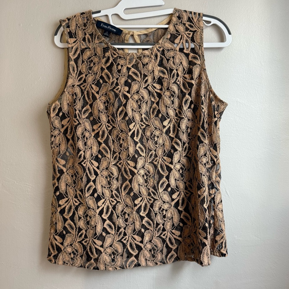 Evan Picone Lace Blouse Black Gold Cotton Size 8 Floral Sleeveless Romantic
